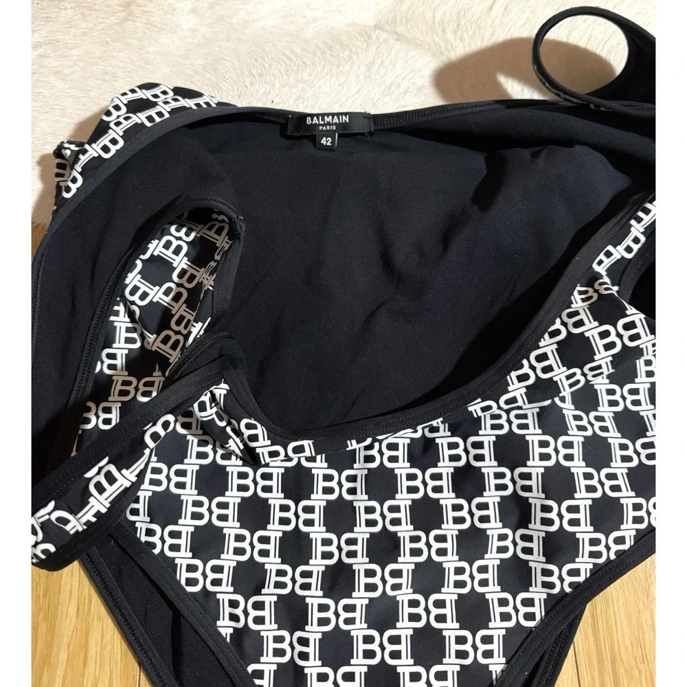 Balmain‎ Paris Monogram Logo Black One Piece Swimsuit Woman's Size 42 $600 Value